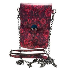 Save the Girls TouchScreen Crossbody Bag Floral Red Gunmetal Grey Hardware Chain